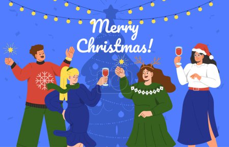 Illustration for Christmas party concept. People in warm clothes with glasses of champagne under garlands. Happy New Year and winter holidays. Friends near Christmas tree. Cartoon flat vector illustration - Royalty Free Image