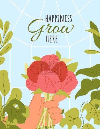 Illustration for Garden greenhouse poster. Hands with pink flower. Care about plants. Bloom and blossom roses bouquet. Spring and summer season. Horticulture and botany, gardening. Cartoon flat vector illustration - Royalty Free Image