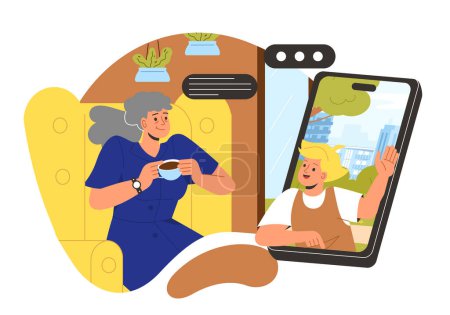 Illustration for Grandparents online communication concept. Old woman video call with girl. Generations in family. Distance interaction in social networks and messengers. Cartoon flat vector illustration - Royalty Free Image