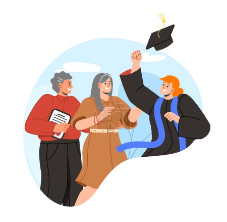 Illustration for Parents and graduated student concept. Happy boy with graduation hat near mother and father. Education, learning and training. Cartoon flat vector illustration isolated on white background - Royalty Free Image