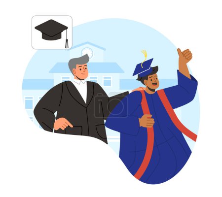 Illustration for Parents and graduated student concept. Happy boy with graduation hat near father. Successful pupil. Graphic element for website. Cartoon flat vector illustration isolated on white background - Royalty Free Image