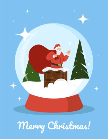 Téléchargez les illustrations : Boule de neige avec carte postale du Père Noël. Joyeux Noël et bonne année. Noel Eve et vacances d'hiver. Boule de cristal avec santa claus sous la neige. Cadeau ou cadeau. Illustration vectorielle plate de bande dessinée - en licence libre de droit