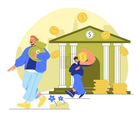 Illustration for Taking money from bank concept. Man and woman with bags with cash. Golden cins near building, financial occupation. Mortgage and loan, debt and credit. Cartoon flat vector illustration - Royalty Free Image