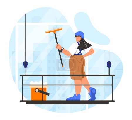 Illustration for Window washing concept. Woman with scraper and orange bucket with soap. Young girl in uniform. Cleaning occupation. Cartoon flat vector illustration isolated on white background - Royalty Free Image