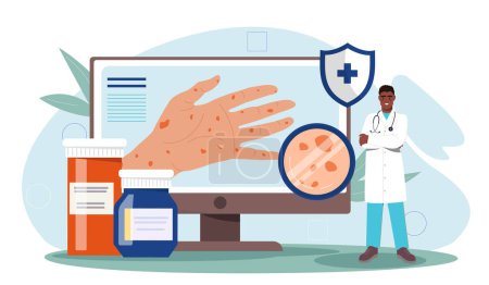 Allergist man concept. Doctor researching skin diseases and illness. Young guy in medical uniform with cream and lotions. Health care and treatment, diagnosis. Cartoon flat vector illustration