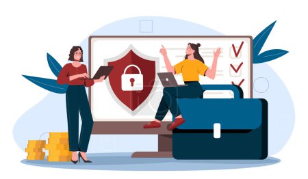 Illustration for Anti crisis strategy. Two women near computer with shield. Two businesswomen with tasks and goals. Planning and goal setting. Financial literacy and budgeting. Cartoon flat vector illustration - Royalty Free Image