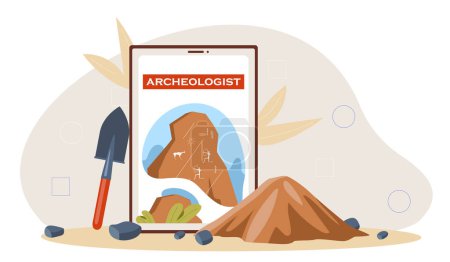 Illustration for Archeologist with equipment. Shovel with soil and ground. Archeology and paleontology. Fossils and treasures underground. Cartoon flat vector illustration isolated on white background - Royalty Free Image
