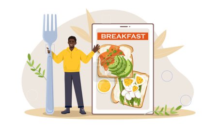 Ilustración de Hombre con concepto de desayuno. Joven con tenedor cerca de sándwiches con huevos y verduras. Alimentación saludable y dieta adecuada, nutrición equilibrada. Comida de mañana. Dibujos animados ilustración vector plano - Imagen libre de derechos