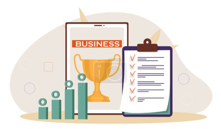 Illustration for Business goals concept. Golden trophy near notepad with tasks. Motivation and aspiration, leadership. Planning and scheduling, time management and goal setting. Cartoon flat vector illustration - Royalty Free Image