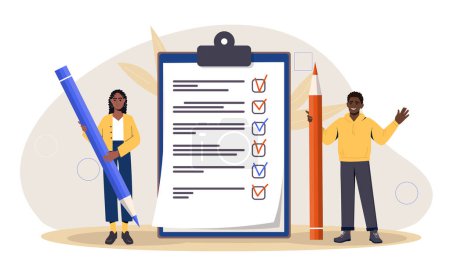 Illustration for People with check list. Man and woman with pencils near notepad with goals and tasks. Time management and organization of effective work or study process. Cartoon flat vector illustration - Royalty Free Image