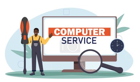 Illustration for Computer service man concept. Guy in uniform with screwdriver and monitor. Hardware and pc parts. Maintenance serviceman fix problems. Cartoon flat vector illustration isolated on white background - Royalty Free Image