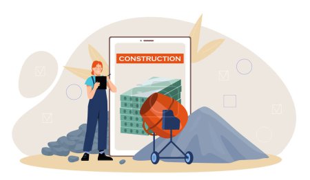 Illustration for Construction worker concept. Woman in uniform near smartphone with bricks and concrete mixer. Construction and engineering, architecture. Cartoon flat vector illustration isolated on white background - Royalty Free Image