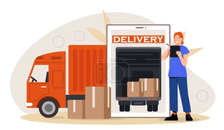 Illustration for Delivery woman concept. Young girl in blue uniform with cardboard boxes. Warehouse distribution, transportation and shipping. Import and export, home delivery. Cartoon flat vector illustration - Royalty Free Image
