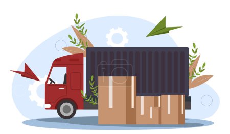 Illustration for Delivery truck concept. Vehicle near cardboard boxes. Shipping and transportation, home delivery. Import and export of goods. Cartoon flat vector illustration isolated on white background - Royalty Free Image