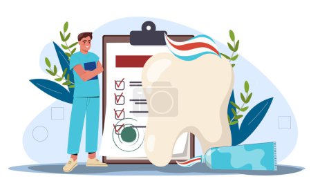 Illustration for Dentist man concept. Guy in medical uniform near toothpaste at teeth. Oral hygiene, health care and treatment. Dentistry and stomatology. Cartoon flat vector illustration isolated on white background - Royalty Free Image