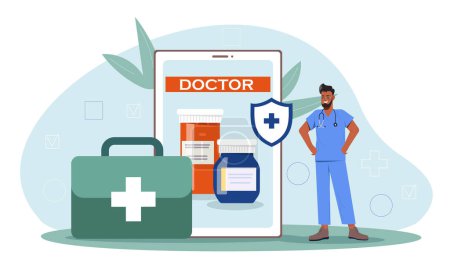 Illustration for Doctor with medical equipment. Man in medical uniform with sthetoscope and first aid kit. Pills and drugs. Health care and medicine. Cartoon flat vector illustration isolated on white background - Royalty Free Image