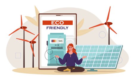 Illustration for Eco friendly lifestyle concept. Woman sitting in lotus position near solar panels and windmills. Sustainable lifestyle and alternative energy sources. Cartoon flat vector illustration - Royalty Free Image