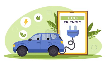 Illustration for Eco friendly car concept. Electrical vehicle with plug for charging. Care about ecology and environment. Reducing release of hazardous waste into atmosphere. Cartoon flat vector illustration - Royalty Free Image