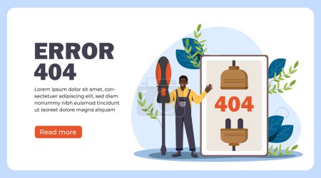 Illustration for Error 404 poster. Maintenance worker with screwdriver. Broken links and problems in code. Webpage for site design. Cartoon flat vector illustration isolated on white background - Royalty Free Image