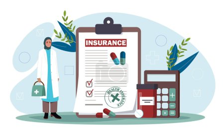 People with health insurance. Woman in medical coat and huijab near contract and agreement. Heath care and treatment, medicine. Poster or banner. Cartoon flat vector illustration