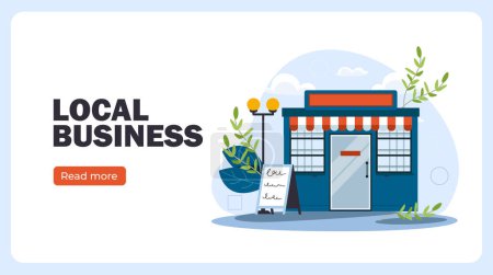 Illustration for Local business poster. Small shop or market. City infrastructure and architecture. Retail occupation and marketing, commerce. Landing webpage design. Cartoon flat vector illustration - Royalty Free Image