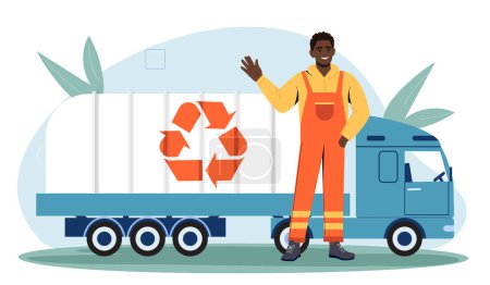 Man cleaning trash concept. Young guy with truck with garbage. Care about ecology and environment. Recycling and reuse, zero waste sustainable lifestyle. Cartoon flat vector illustration