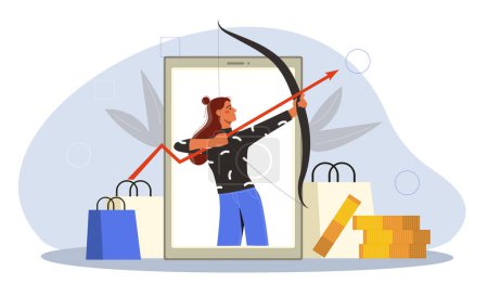 Illustration for Woman marketer concept. Young girl with bow with arrow and shopping package. Electronic commerce and shopping. Promotion in social networks and messengers. Cartoon flat vector illustration - Royalty Free Image