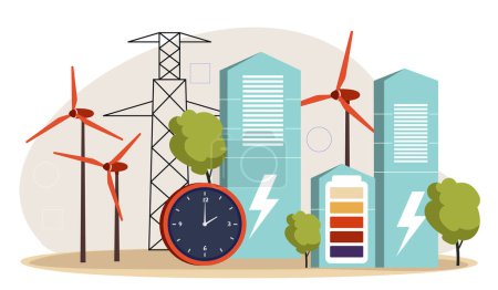New battery concept. Alternative energy and sustainable lifestyle. Wind mills and eco friendly energy and electricity. Care about nature and environment. Cartoon flat vector illustration