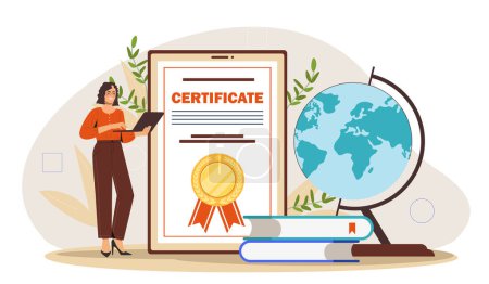 Online certification concept. Woman near certificate and document. Quality control. Distant education and learning, webcourses. Cartoon flat vector illustration isolated on white background