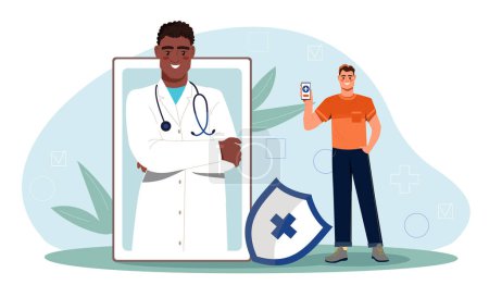 Illustration for Online doctor concept. Telemedicine and video call. Consultation with specialist on internet. Health care and treatment, diagnosis. Man communicate with doctor. Cartoon flat vector illustration - Royalty Free Image