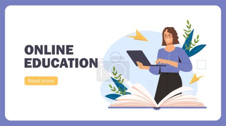 Illustration for Online education poster. Woman read book. Young girl with textbook. Learning and training, studying. Landing webpage design. Cartoon flat vector illustration isolated on white background - Royalty Free Image