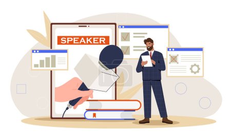 Illustration for Professional speaker concept. Businessman with notepad and hands with microphone. Company news and information. Press conference. Cartoon flat vector illustration isolated on white background - Royalty Free Image