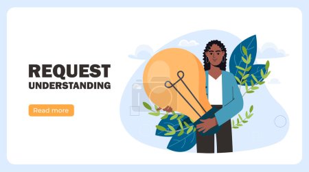 Illustration for Request understanding poster. Woman standing with light bulb. Employee with soft skills for ethical business. Users support. Landing webpage design. Cartoon flat vector illustration - Royalty Free Image