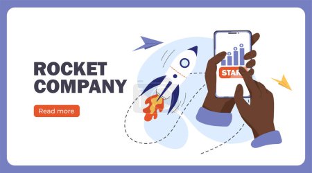 Illustration for Rocket company poster. Start up or business project. Smartphone with graphs and diagrams. Application for businessmen and entrepreneurs. Landing webpage design. Cartoon flat vector illustration - Royalty Free Image