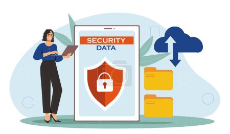 Illustration for Security data concept. Woman stands with tablet near electronic storage or archive. File management and organization. Protection of personal information. Cartoon flat vector illustration - Royalty Free Image