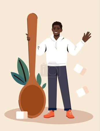 Illustration for Person with tea concept. Man with wooden cup near cubes of sugar and herbal leaves. Aroma and beverage. Poster or banner for website. Cartoon flat vector illustration isolated on beige background - Royalty Free Image