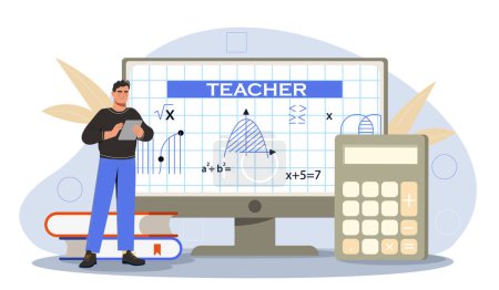 Illustration for Teacher at workplace concept. Man stands near chalkboard with math formulas. Poster or banner for website. Lecture or lesson in school or university. Cartoon flat vector illustration - Royalty Free Image