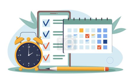 Illustration for Time planning concept. Clocks near checklist and calendar. Time management and organization of efficient work process. Motivation and leadership, scheduling. Cartoon flat vector illustration - Royalty Free Image
