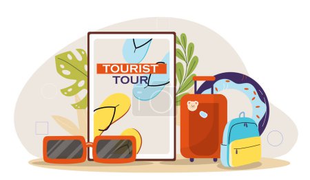 Ilustración de Concepto de tour turístico. Gafas de sol y equipaje con mochila. Pack para viajes y turismo. Vacaciones y vacaciones en países tropicales. Ilustración vectorial plana de dibujos animados aislada sobre fondo blanco - Imagen libre de derechos