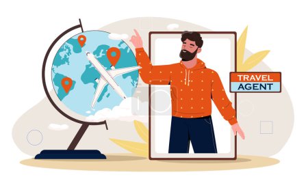 Travel agent concept. Young guy stand with smartphone near globe with destination. Holiday and vacation in tropical countries. Navigation and consultation. Cartoon flat vector illustration
