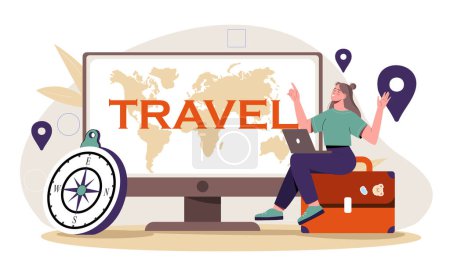 Travel expert concept. Young girl sitting near world map with compass. Holiday and vacation in tropical countries. Navigation and consultation for tourists. Cartoon flat vector illustration