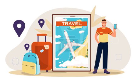 Illustration for Man with travel concept. Young guy stand with smartphone near luggage and backpack. Holiday and vacation in tropical countries. Cartoon flat vector illustration isolated on white background - Royalty Free Image