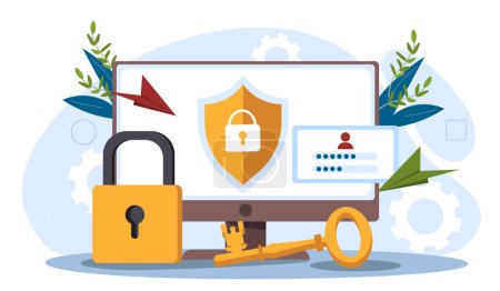 Illustration for Web security concept. Computer with password and login. Authorization and authentication. Safety of personal data and iformation. Cartoon flat vector illustration isolated on white background - Royalty Free Image