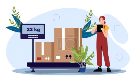 Illustration for Scales at warehouse. Woman near weights with cardboard box. Evaluation and assesment of parcels. Shipping and transportation. Import and export, global business. Cartoon flat vector illustration - Royalty Free Image