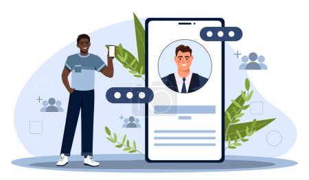 Illustration for A man standing next to a giant smartphone displaying a profile, with social media interface elements and plants on a light background, concept of online identity. vector illustration - Royalty Free Image