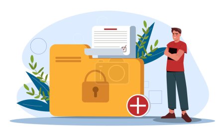 Illustration for An illustrated man standing next to a large folder with a padlock, signifying data security, on a light abstract background. Flat cartoon vector illustration - Royalty Free Image