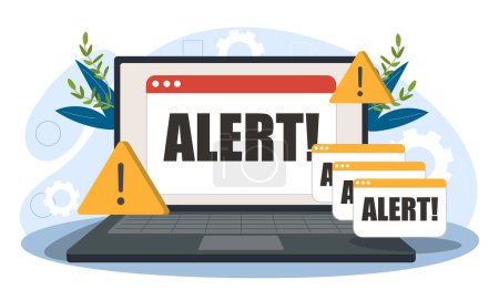 Illustration of an alert notification on a laptop screen with warning signs and alert messages, in a flat graphic style, on a light background, concept of cybersecurity. vector illustration