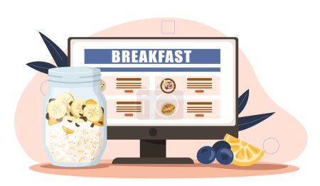 Frühstückskonzept-Illustration mit Computerbildschirm mit Menüoptionen und einem Glas Hafer mit Früchten auf hellem Hintergrund, flache Vektorillustration.