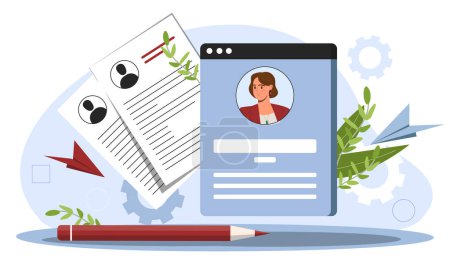 Illustration for Social media profile page, a resume, and a pencil, concept of online job application. Flat cartoon vector illustration - Royalty Free Image