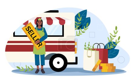 Téléchargez les illustrations : Un vendeur de rue à côté d'un chariot de nourriture avec des plantes, des sacs à provisions et des pièces de monnaie, dans un style graphique plat sur fond blanc, illustrant le commerce. Illustration vectorielle dessin animé plat - en licence libre de droit